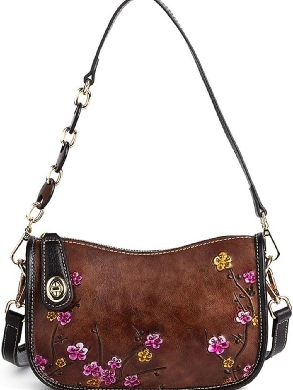 Vintage Cowhide Leather Shoulder Bag for Women - Embossed Crossbody Purse
